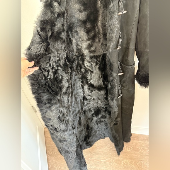 Vintage Ralph Lauren Black Shearling Fur Lamb Long Duffle Coat size Large - Picture 12 of 15